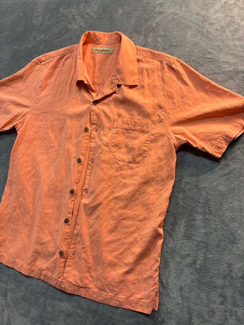 Tommy Bahama Men's Solid Salmon Orange 100% Silk Short Sleeve Button-Up Shirt